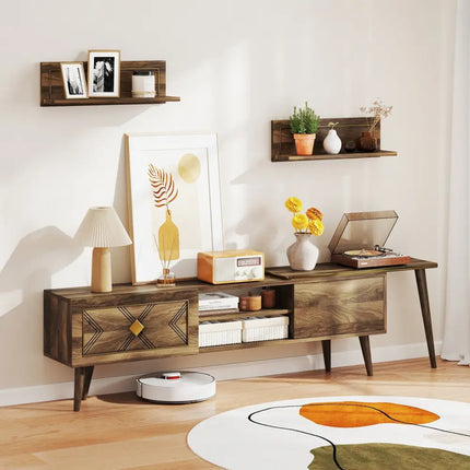 Mid-century Modern TV Stand for TVs up to 85 Inch with Open Compartments-Walnut - Walnut - Entertainment Centers & TV
