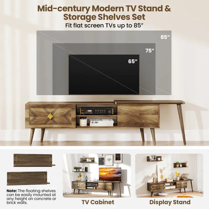 Mid-century Modern TV Stand for TVs up to 85 Inch with Open Compartments-Walnut - Walnut - Entertainment Centers & TV