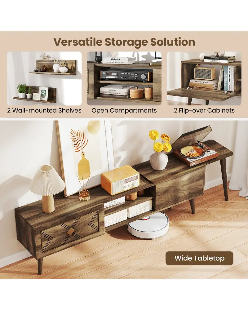 Mid-century Modern TV Stand for TVs up to 85 Inch with Open Compartments-Walnut - Walnut - Entertainment Centers & TV