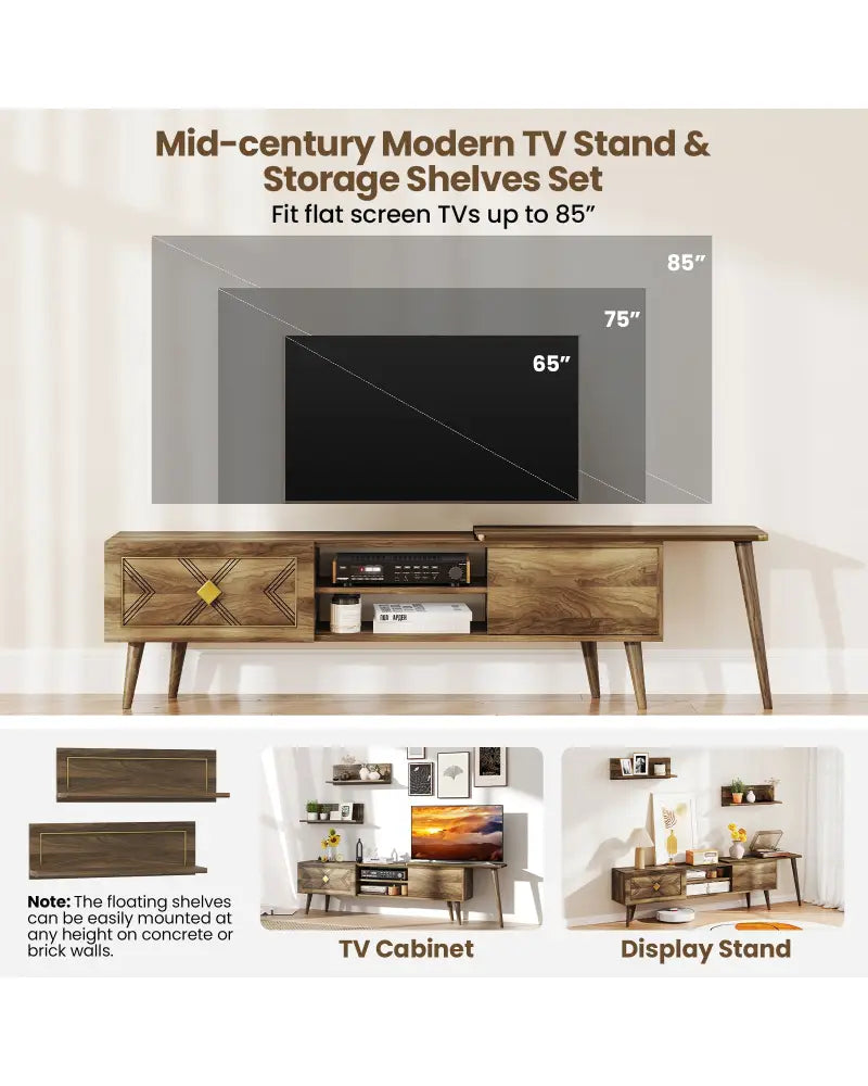 Mid-century Modern TV Stand for TVs up to 85 Inch with Open Compartments-Walnut - Walnut - Entertainment Centers & TV
