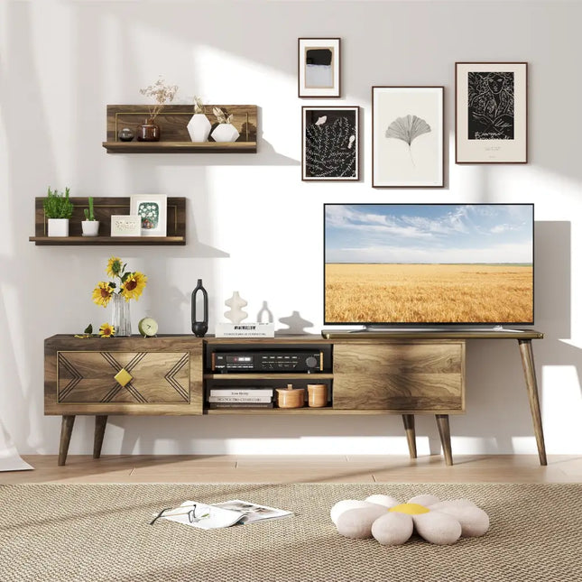 Mid-century Modern TV Stand for TVs up to 85 Inch with Open Compartments-Walnut - Walnut - Entertainment Centers & TV