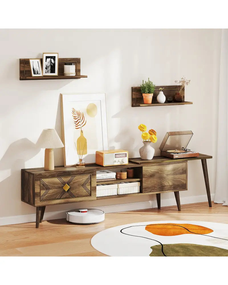 Mid-century Modern TV Stand for TVs up to 85 Inch with Open Compartments-Walnut - Walnut - Entertainment Centers & TV