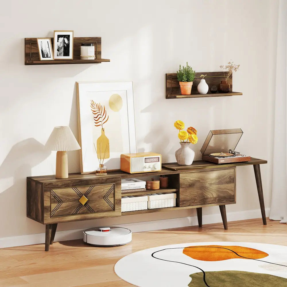 Mid-century Modern TV Stand for TVs up to 85 Inch with Open Compartments-Walnut - Walnut - Entertainment Centers & TV