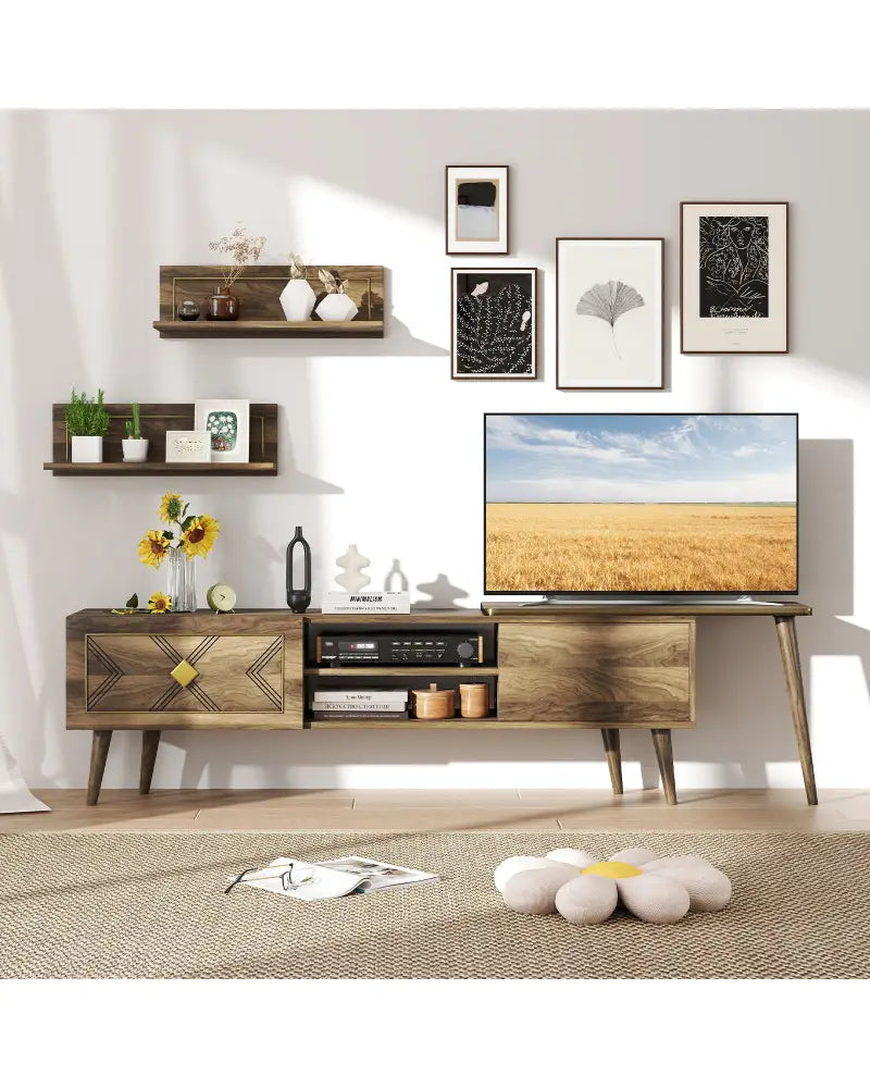 Mid-century Modern TV Stand for TVs up to 85 Inch with Open Compartments-Walnut - Walnut - Entertainment Centers & TV