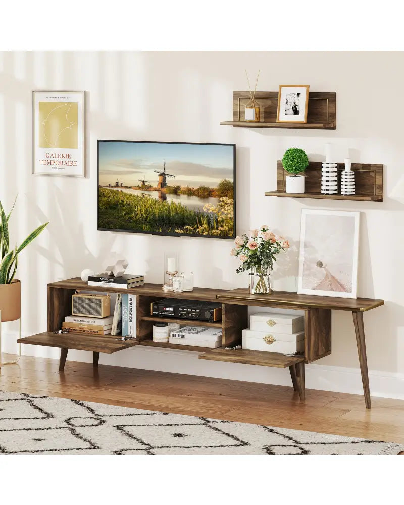 Mid-century Modern TV Stand for TVs up to 85 Inch with Open Compartments-Walnut - Walnut - Entertainment Centers & TV