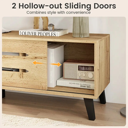 Mid Century Modern TV Stand with Sliding Doors and Cable Hole for 65 Inch TVs-Natural - Natural - Entertainment Centers