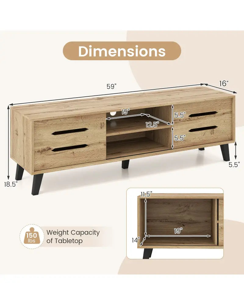 Mid Century Modern TV Stand with Sliding Doors and Cable Hole for 65 Inch TVs-Natural - Natural - Entertainment Centers