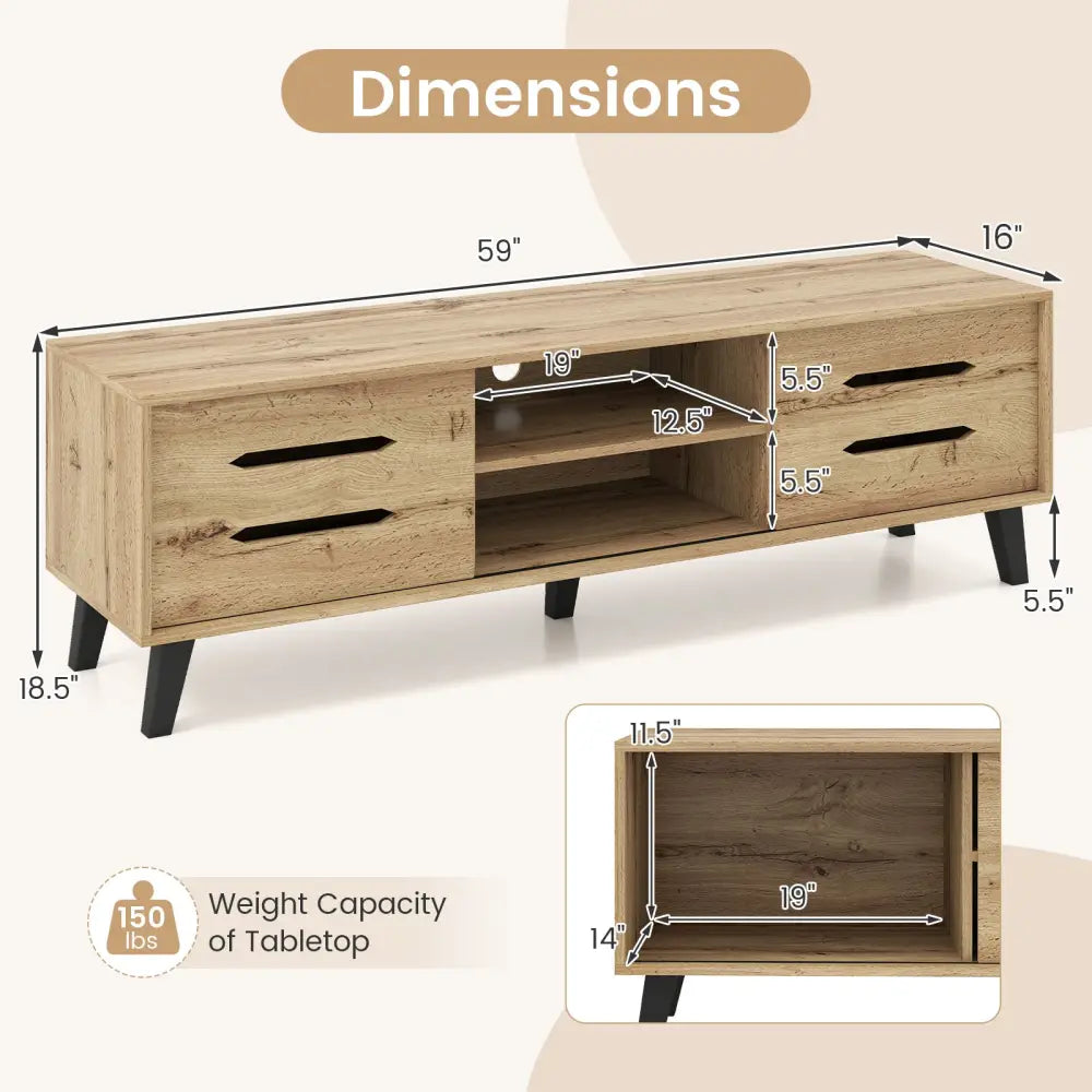 Mid Century Modern TV Stand with Sliding Doors and Cable Hole for 65 Inch TVs-Natural - Natural - Entertainment Centers