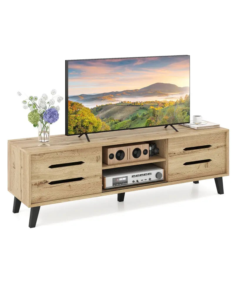 Mid Century Modern TV Stand with Sliding Doors and Cable Hole for 65 Inch TVs-Natural - Natural - Entertainment Centers