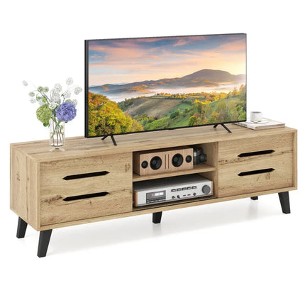Mid Century Modern TV Stand with Sliding Doors and Cable Hole for 65 Inch TVs-Natural - Natural - Entertainment Centers
