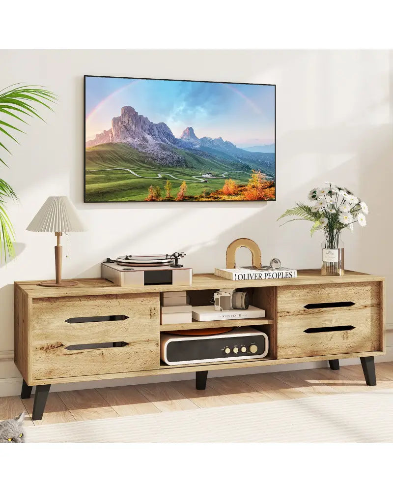 Mid Century Modern TV Stand with Sliding Doors and Cable Hole for 65 Inch TVs-Natural - Natural - Entertainment Centers