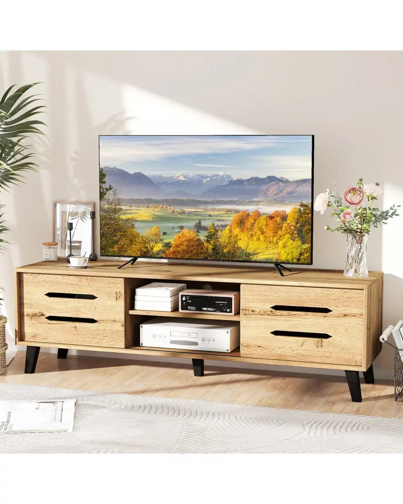 Mid Century Modern TV Stand with Sliding Doors and Cable Hole for 65 Inch TVs-Natural - Natural - Entertainment Centers