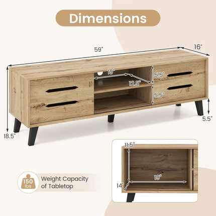 Mid Century Modern TV Stand with Sliding Doors and Cable Hole for 65 Inch TVs-Natural - Natural - Entertainment Centers
