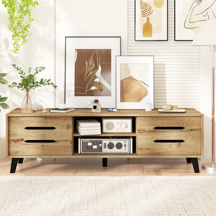 Mid Century Modern TV Stand with Sliding Doors and Cable Hole for 65 Inch TVs-Natural - Natural - Entertainment Centers