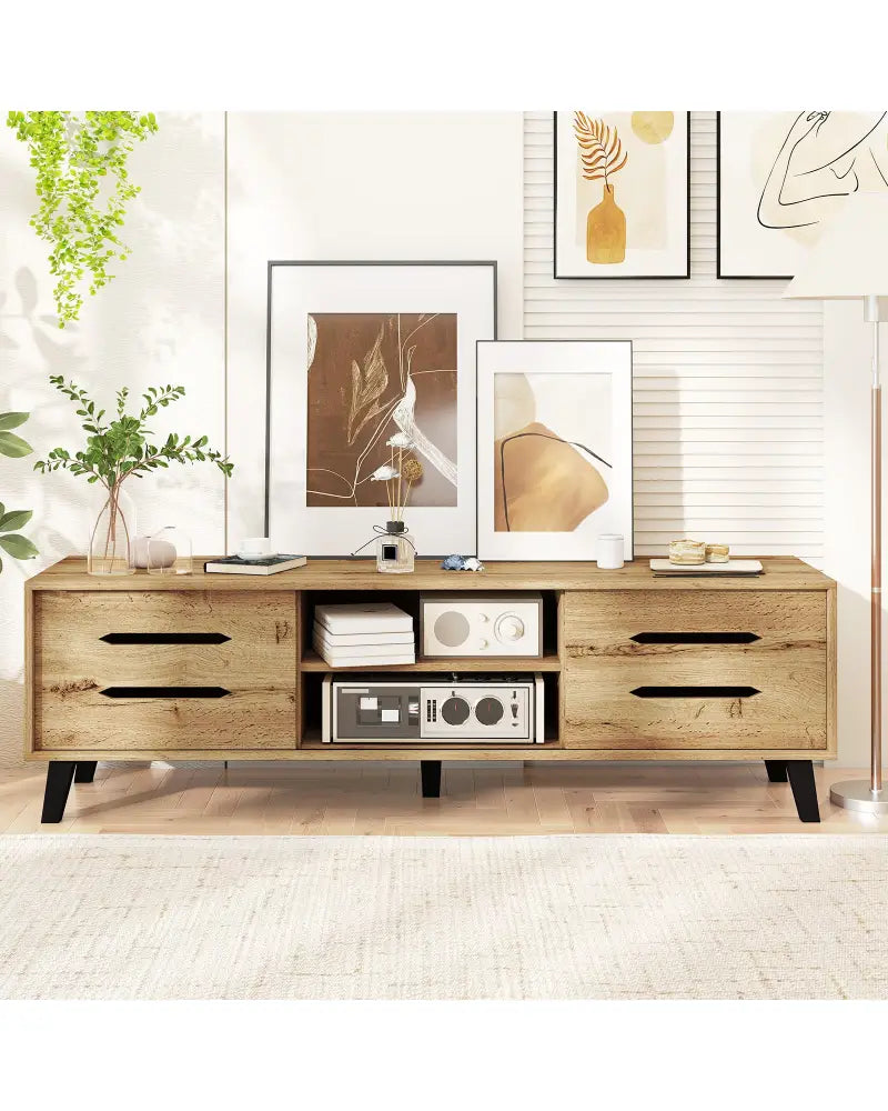 Mid Century Modern TV Stand with Sliding Doors and Cable Hole for 65 Inch TVs-Natural - Natural - Entertainment Centers