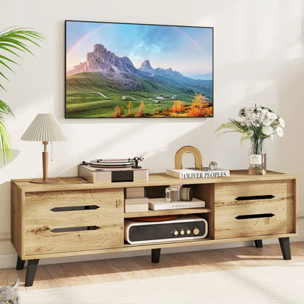 Mid Century Modern TV Stand with Sliding Doors and Cable Hole for 65 Inch TVs-Natural - Natural - Entertainment Centers