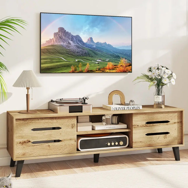 Mid Century Modern TV Stand with Sliding Doors and Cable Hole for 65 Inch TVs-Natural - Natural - Entertainment Centers