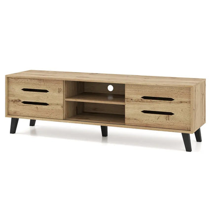 Mid Century Modern TV Stand with Sliding Doors and Cable Hole for 65 Inch TVs-Natural - Natural - Entertainment Centers