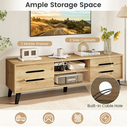 Mid Century Modern TV Stand with Sliding Doors and Cable Hole for 65 Inch TVs-Natural - Natural - Entertainment Centers
