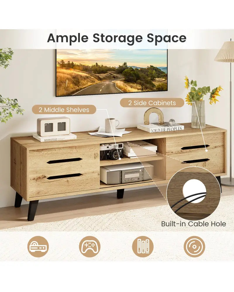 Mid Century Modern TV Stand with Sliding Doors and Cable Hole for 65 Inch TVs-Natural - Natural - Entertainment Centers