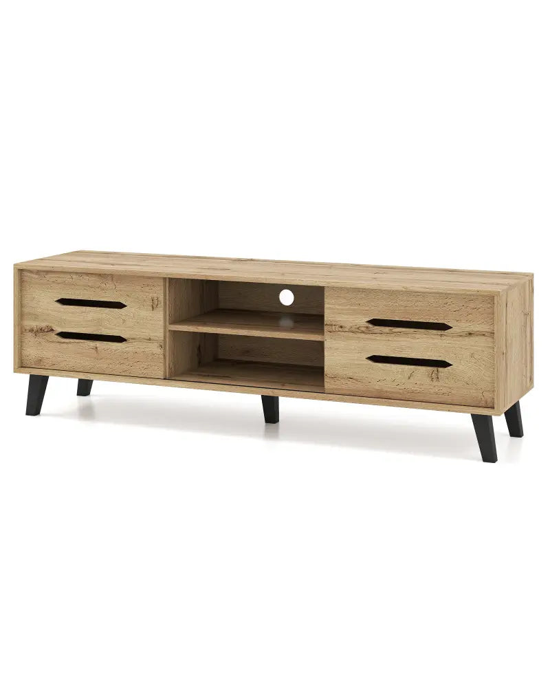 Mid Century Modern TV Stand with Sliding Doors and Cable Hole for 65 Inch TVs-Natural - Natural - Entertainment Centers