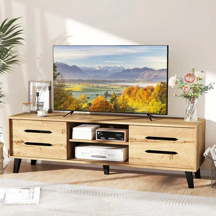 Mid Century Modern TV Stand with Sliding Doors and Cable Hole for 65 Inch TVs-Natural - Natural - Entertainment Centers