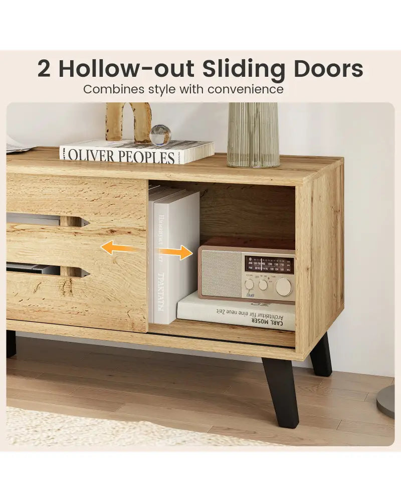 Mid Century Modern TV Stand with Sliding Doors and Cable Hole for 65 Inch TVs-Natural - Natural - Entertainment Centers