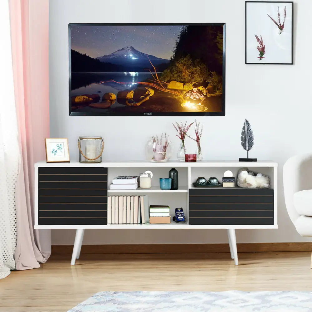 Mid-Century Modern TV Stand with Storage Shelves for TVs up to 65 Inch - Black & White - Entertainment Centers & TV