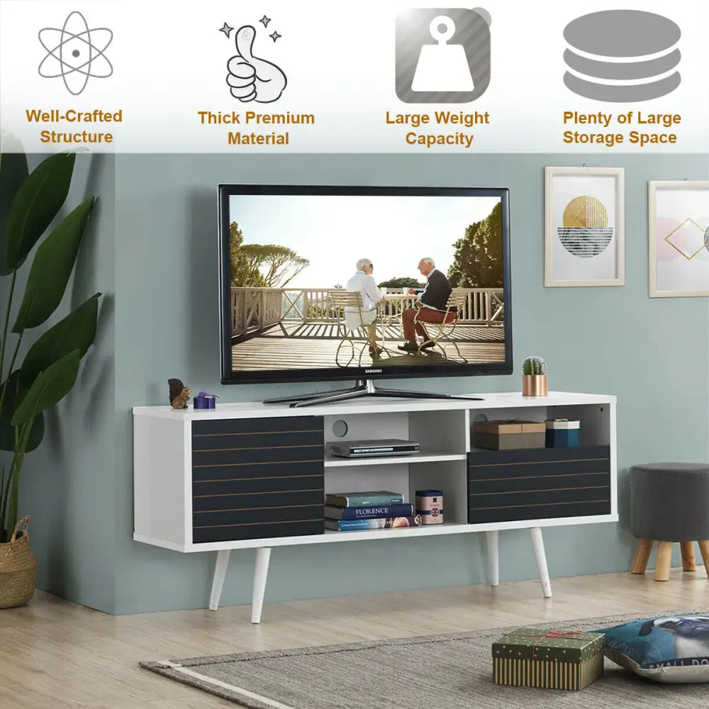 Mid-Century Modern TV Stand with Storage Shelves for TVs up to 65 Inch - Black & White - Entertainment Centers & TV