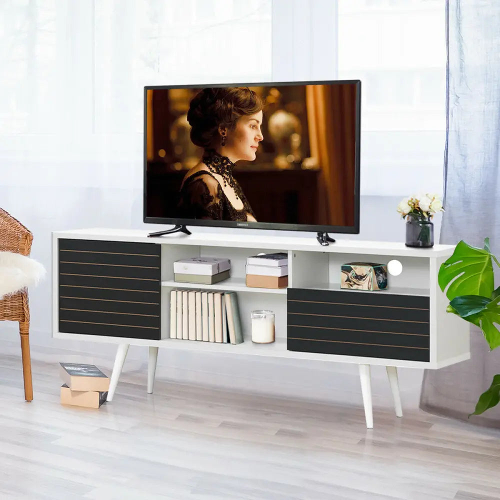 Mid-Century Modern TV Stand with Storage Shelves for TVs up to 65 Inch - Black & White - Entertainment Centers & TV