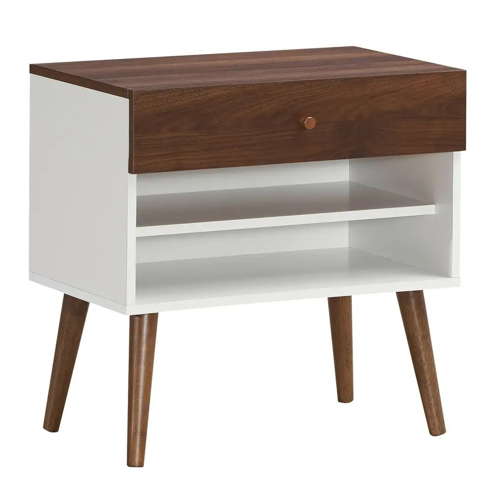 Mid-Century Nightstand with Drawer and Rubber Wood Legs - Brown - Nightstands