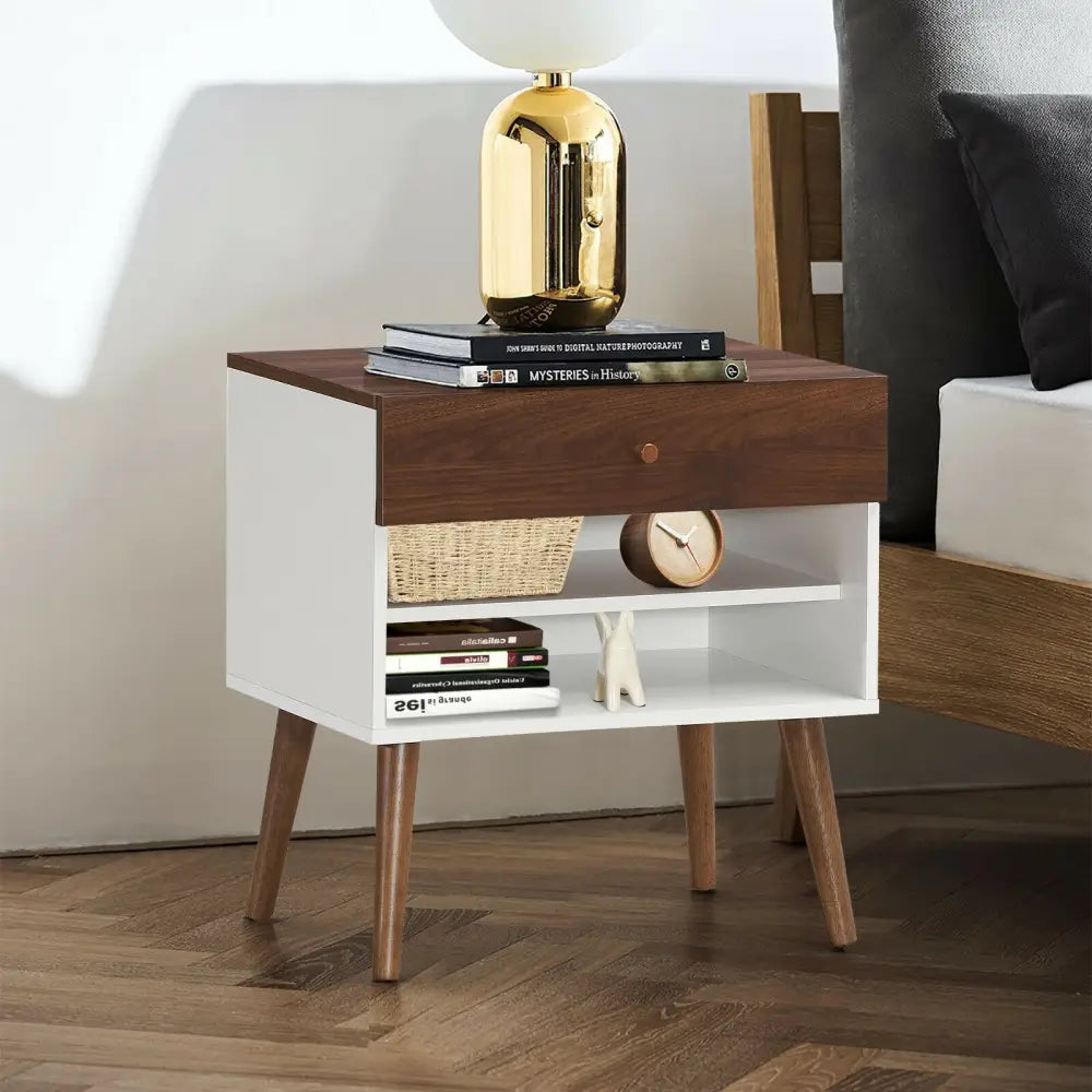 Mid-Century Nightstand with Drawer and Rubber Wood Legs - Brown - Nightstands