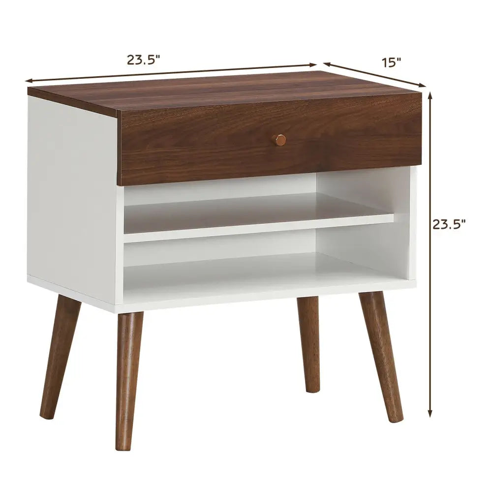 Mid-Century Nightstand with Drawer and Rubber Wood Legs - Brown - Nightstands