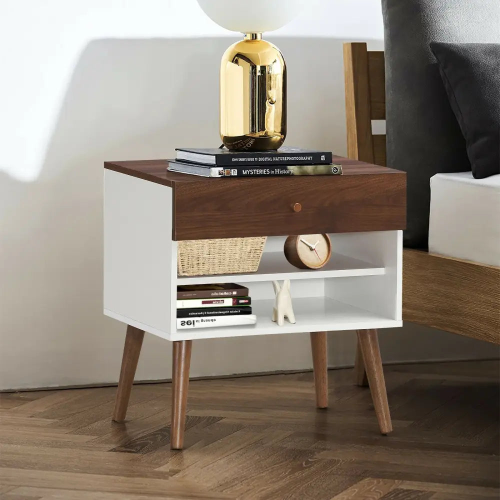 Mid-Century Nightstand with Drawer and Rubber Wood Legs - Brown - Nightstands