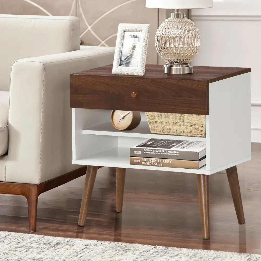 Mid-Century Nightstand with Drawer and Rubber Wood Legs - Brown - Nightstands