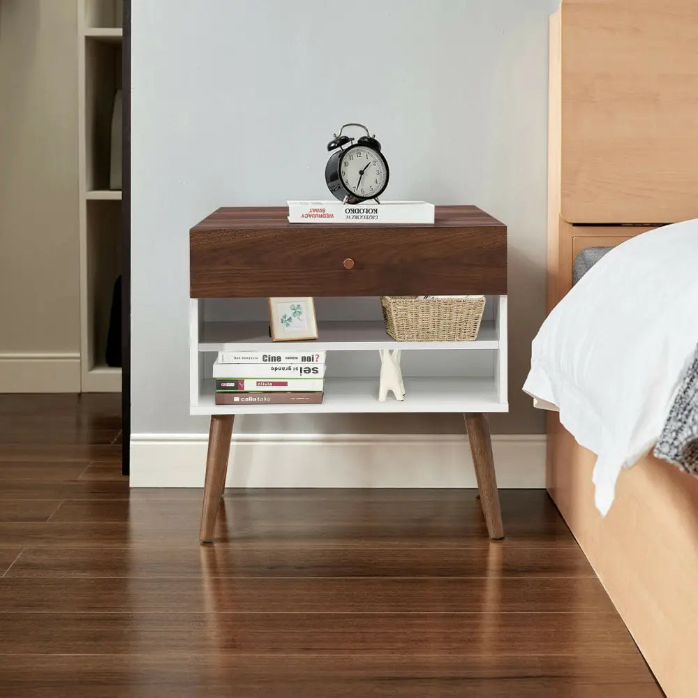 Mid-Century Nightstand with Drawer and Rubber Wood Legs - Brown - Nightstands