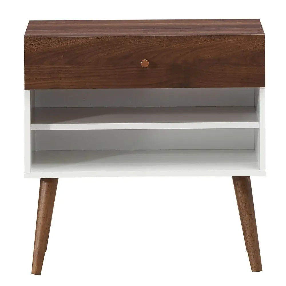 Mid-Century Nightstand with Drawer and Rubber Wood Legs - Brown - Nightstands