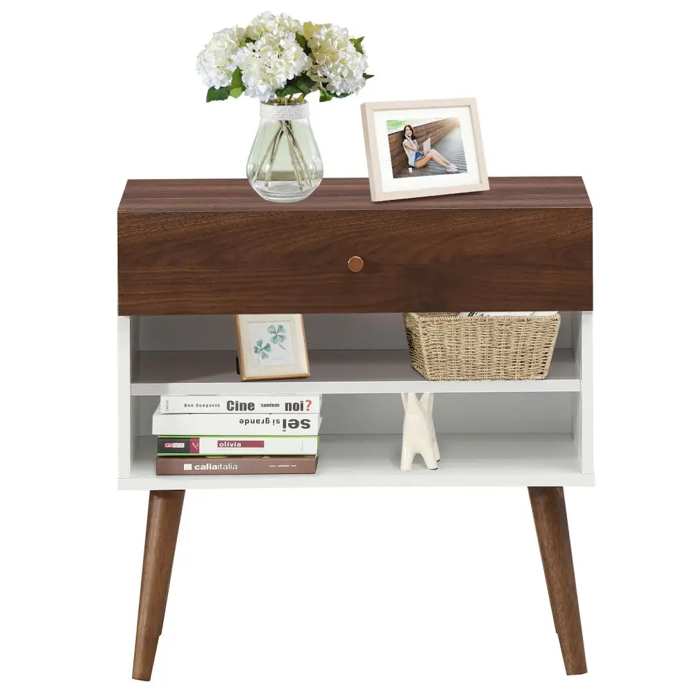 Mid-Century Nightstand with Drawer and Rubber Wood Legs - Brown - Nightstands