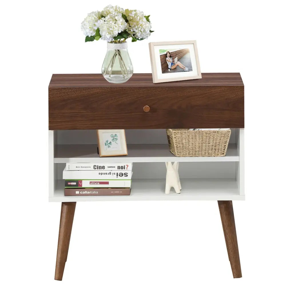 Mid-Century Nightstand with Drawer and Rubber Wood Legs - Brown - Nightstands