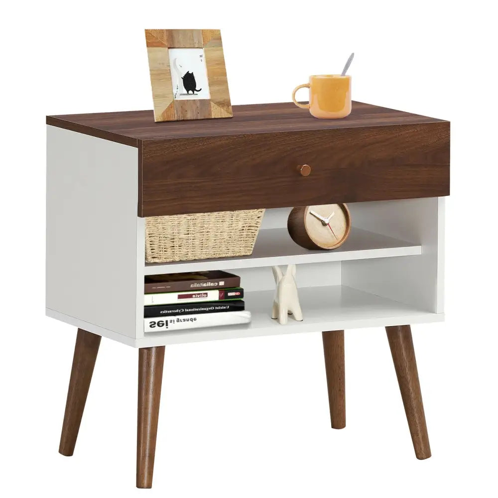 Mid-Century Nightstand with Drawer and Rubber Wood Legs - Brown - Nightstands