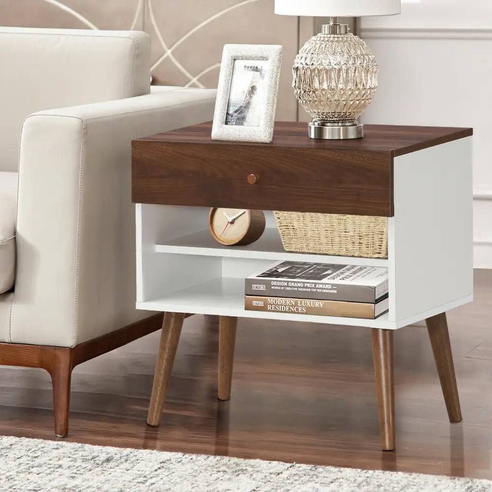 Mid-Century Nightstand with Drawer and Rubber Wood Legs - Brown - Nightstands