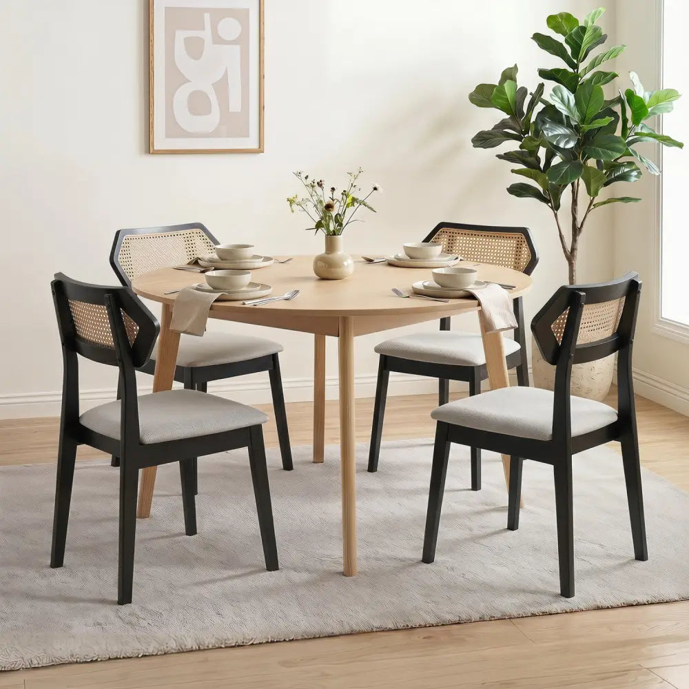 Mid Century Rattan Dining Chairs Set of 2 with Rattan Back and Solid Wood Frame-Black - Black - Dining Chairs