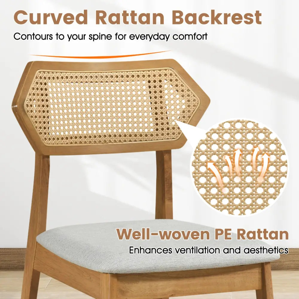 Mid Century Rattan Dining Chairs Set of 2 with Rattan Back and Solid Wood Frame-Natural - Natural - Dining Chairs