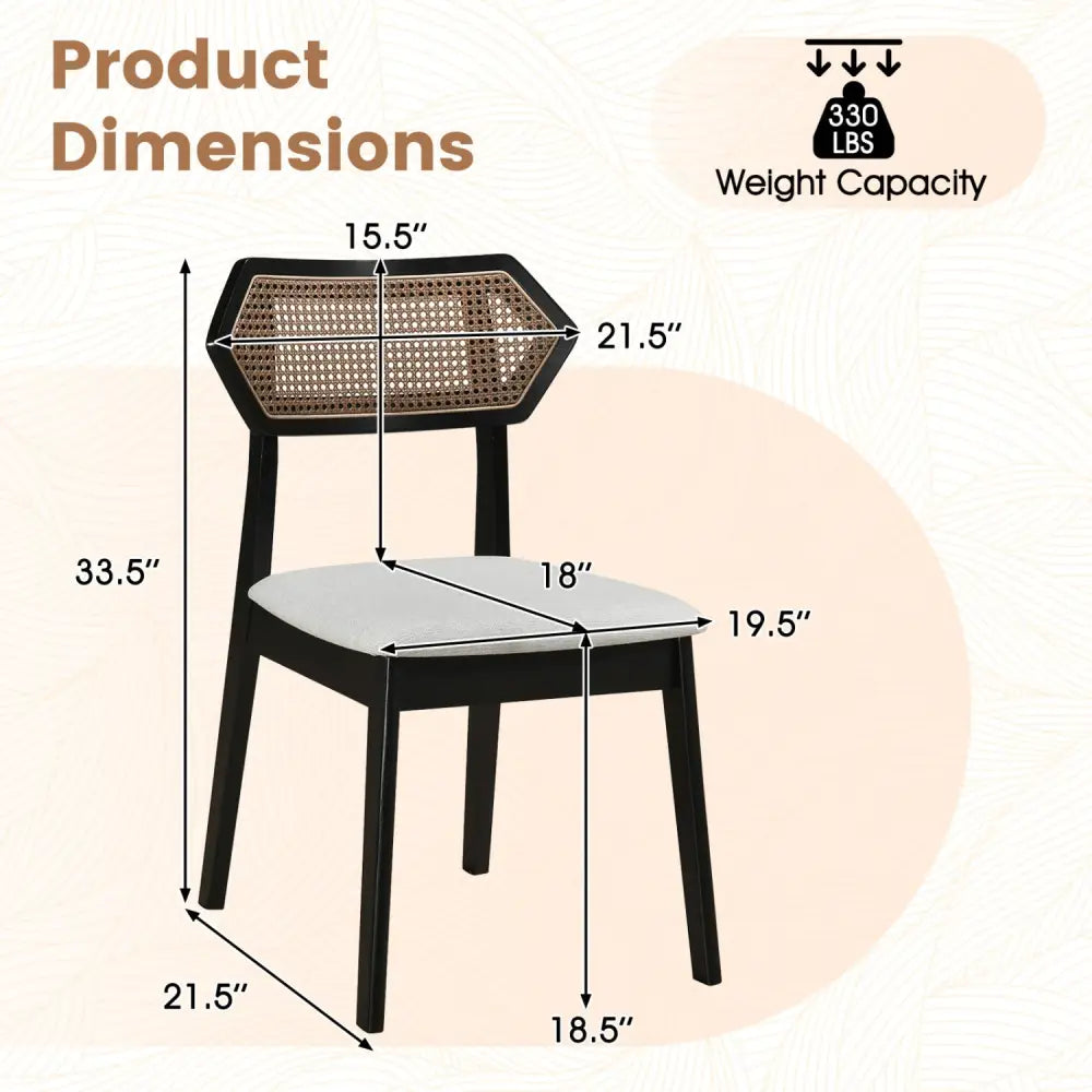 Mid Century Rattan Dining Chairs Set of 2 with Rattan Back and Solid Wood Frame-Black - Black - Dining Chairs
