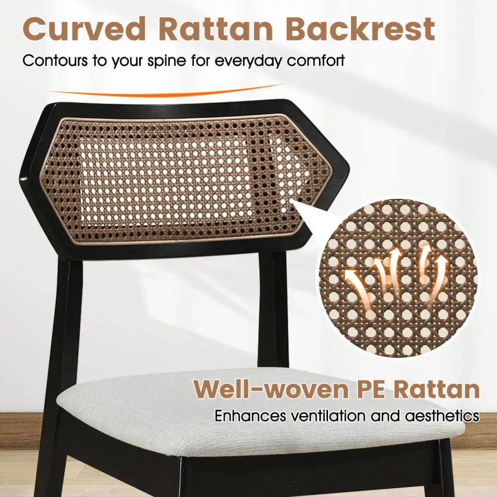 Mid Century Rattan Dining Chairs Set of 2 with Rattan Back and Solid Wood Frame-Black - Black - Dining Chairs