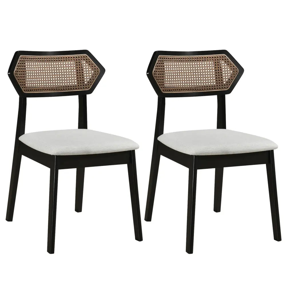 Mid Century Rattan Dining Chairs Set of 2 with Rattan Back and Solid Wood Frame-Black - Black - Dining Chairs