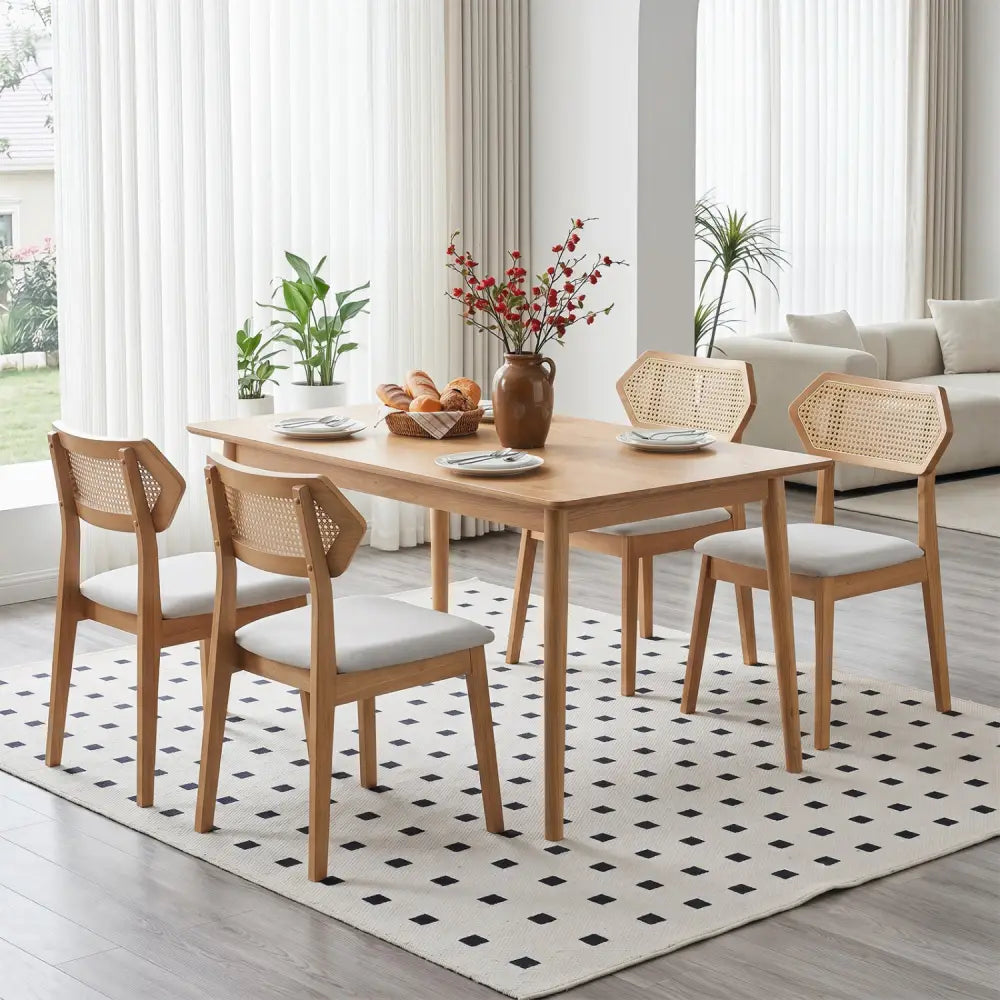 Mid Century Rattan Dining Chairs Set of 2 with Rattan Back and Solid Wood Frame-Natural - Natural - Dining Chairs