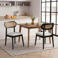 Mid Century Rattan Dining Chairs Set of 2 with Rattan Back and Solid Wood Frame-Black - Black - Dining Chairs