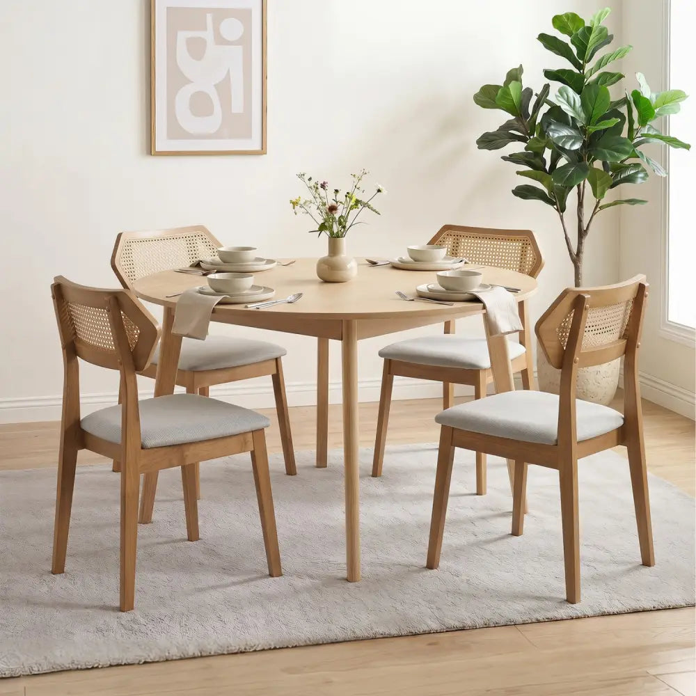 Mid Century Rattan Dining Chairs Set of 2 with Rattan Back and Solid Wood Frame-Natural - Natural - Dining Chairs
