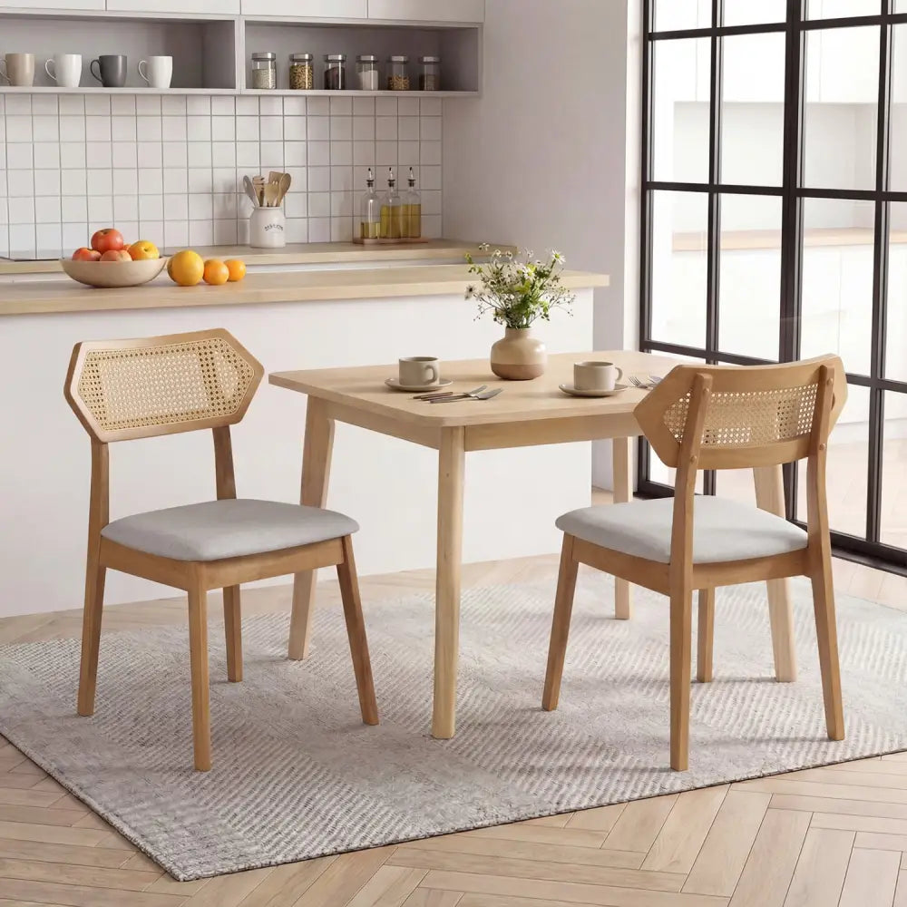 Mid Century Rattan Dining Chairs Set of 2 with Rattan Back and Solid Wood Frame-Natural - Natural - Dining Chairs